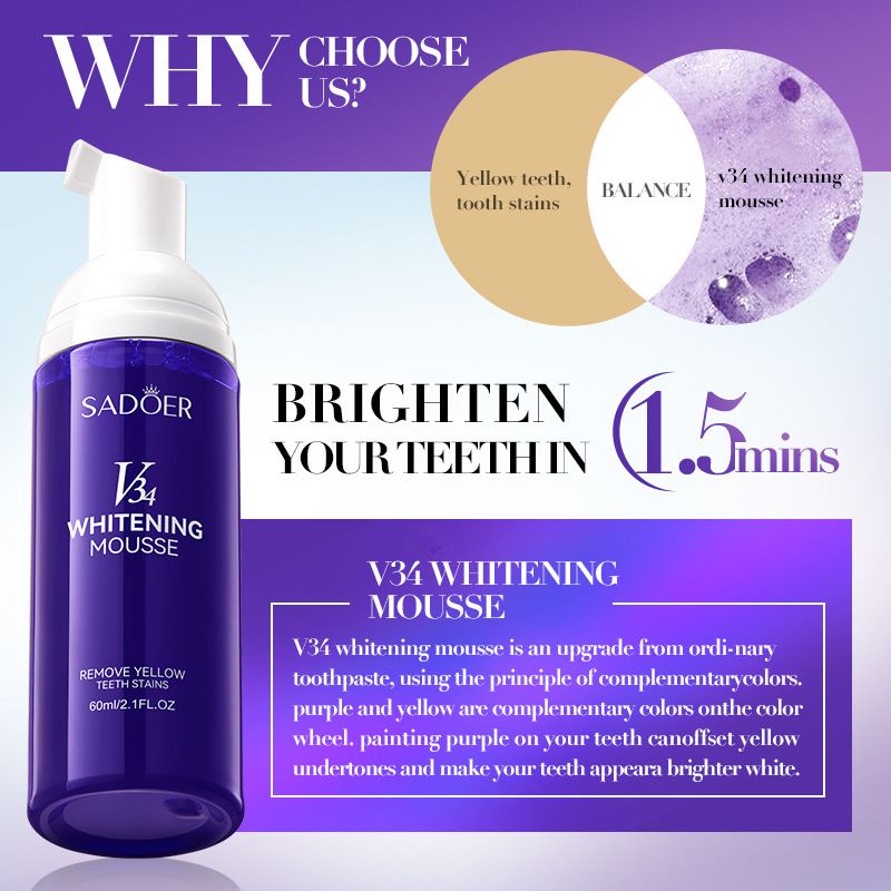 V34 Whitening Mousse – Teeth Cleaning, Gum Care, and Gentle Foaming Toothpaste