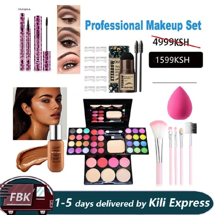 Makeup Set 39 Colors Eye Shadow Lipstick Blush  + Mascara + Eyeliner + Eyebrow Powder Set + Brown Liquid Foundation + Powder puff Makeup Kit