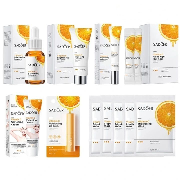 7PCS Vitamin C Facial Cleanser100g +Vitamin C  Serum 30ML +  Lotion120ML + Eye Cream 20g+Lip balm+Masks  Skin Care Set