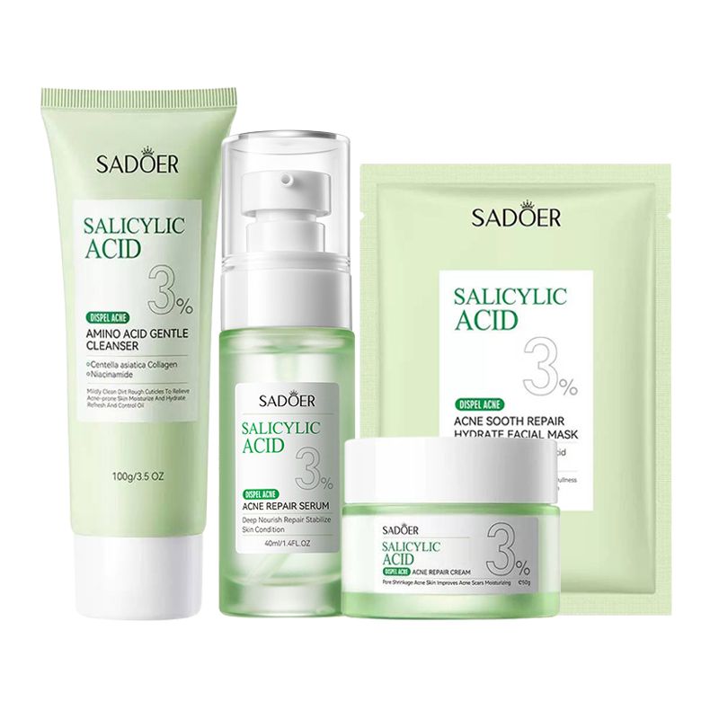 SADOER 4 in 1 Set, Acne Repair Serum + Cream +Mask+ Cleanser with 3% Salicylic Acid Collagen Peptide and Niacinamide, Centella Asiatica and Niacinamide, Can add Vitamin C,Remove Acne, Moisturize