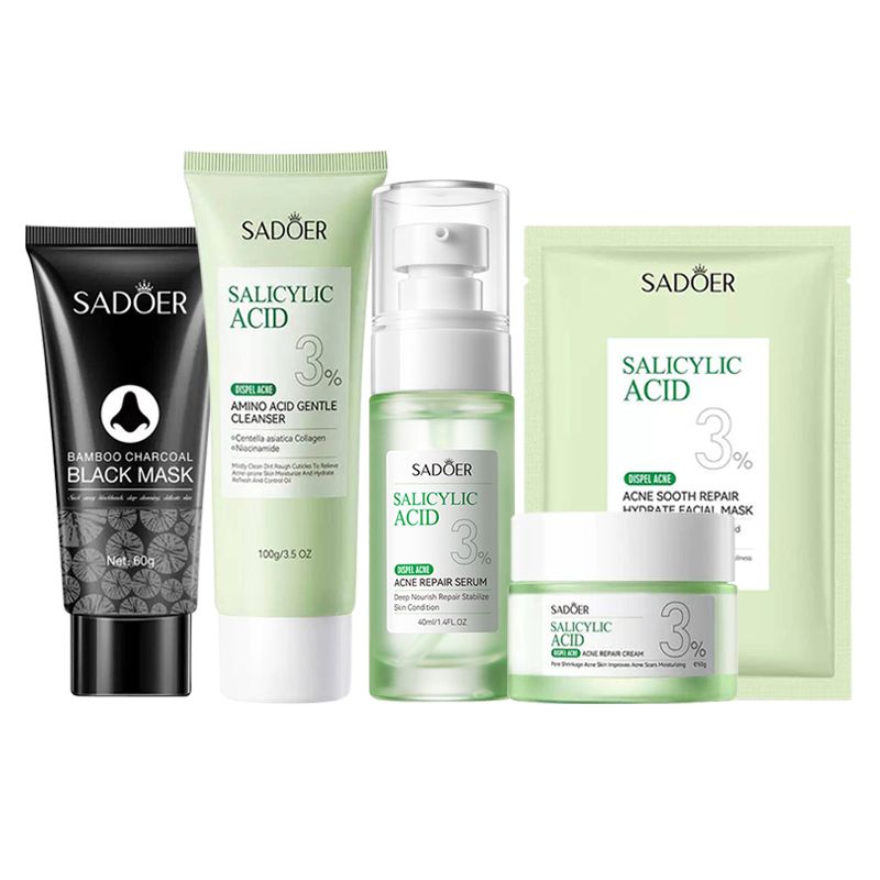 SADOER 5 in 1 Set, Acne Repair Serum + Cream +Mask+ Black Head Peeling Mask   +Cleanser with 3% Salicylic Acid Collagen Peptide and Niacinamide, Centella Asiatica and Niacinamide, Can add Vitamin C