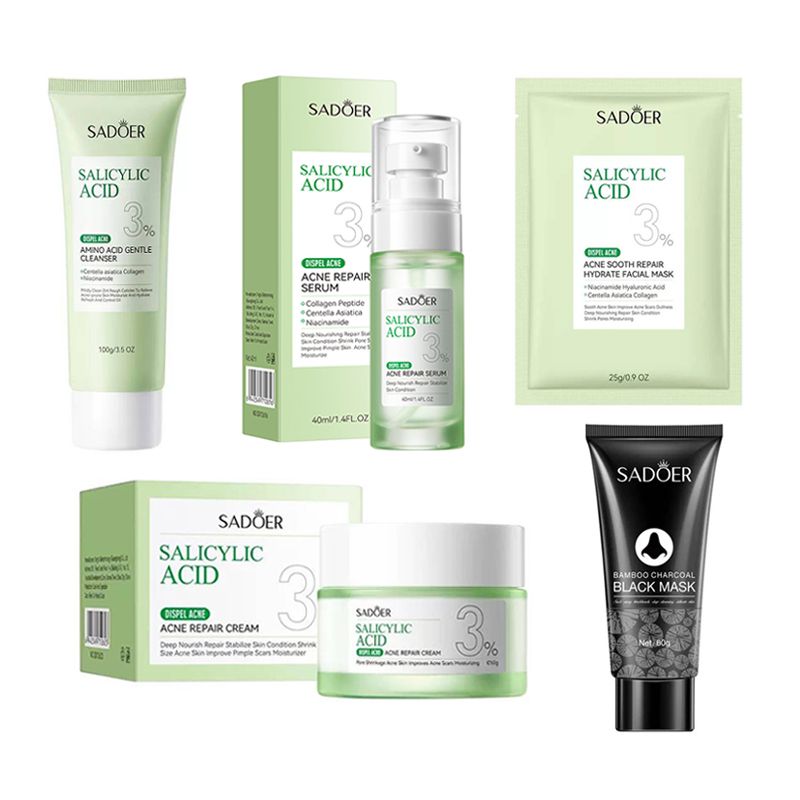 SADOER 5 in 1 Set, Acne Repair Serum + Cream +Mask+ Black Head Peeling Mask   +Cleanser with 3% Salicylic Acid Collagen Peptide and Niacinamide, Centella Asiatica and Niacinamide, Can add Vitamin C