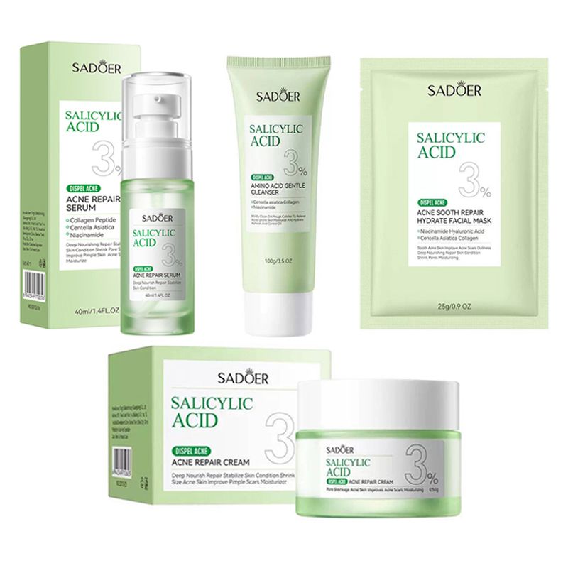 SADOER 4 in 1 Set, Acne Repair Serum + Cream +Mask+ Cleanser with 3% Salicylic Acid Collagen Peptide and Niacinamide, Centella Asiatica and Niacinamide, Can add Vitamin C,Remove Acne, Moisturize