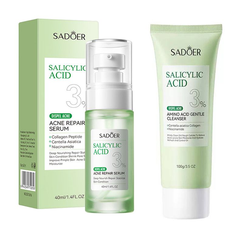 SADOER 2 in 1 Set, Acne Repair Cleanser + Serum with 3% Salicylic Acid Collagen Peptide and Niacinamide, Centella Asiatica and Niacinamide, Can add Vitamin C,Remove Acne, Moisturize, Soothing