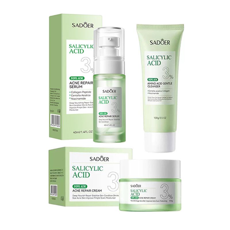 SADOER 3 in 1 Set, Acne Repair Serum + Cream + Cleanser with 3% Salicylic Acid Collagen Peptide and Niacinamide, Centella Asiatica and Niacinamide, Can add Vitamin C,Remove Acne, Moisturize