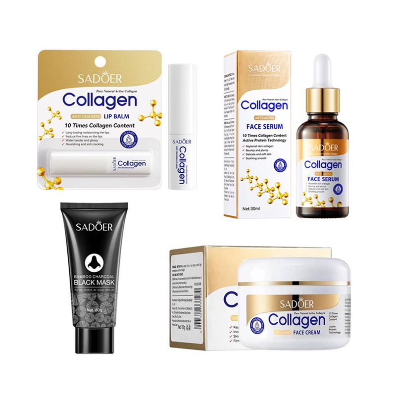 SADOER 4 in 1, Collagen Serum +  Collagen Cream + Black Head Peeling Mask + Lipstick  Anti Aging, Face Moisturizer