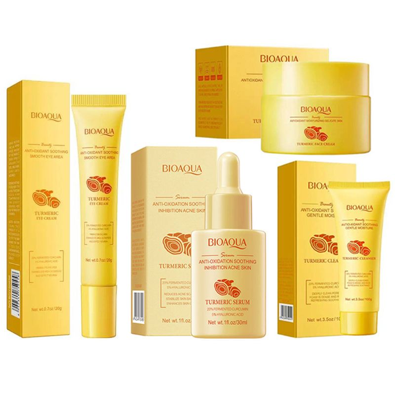 SADOER 4 in 1 Set, Turmeric Serum +  Turmeric Cream +Turmeric Cleansing Gentle Facial Cleanser + Eye cream Anti Aging, Face Moisturizer, Can add Vitamin C,Remove Acne, Moisturize, Sooth