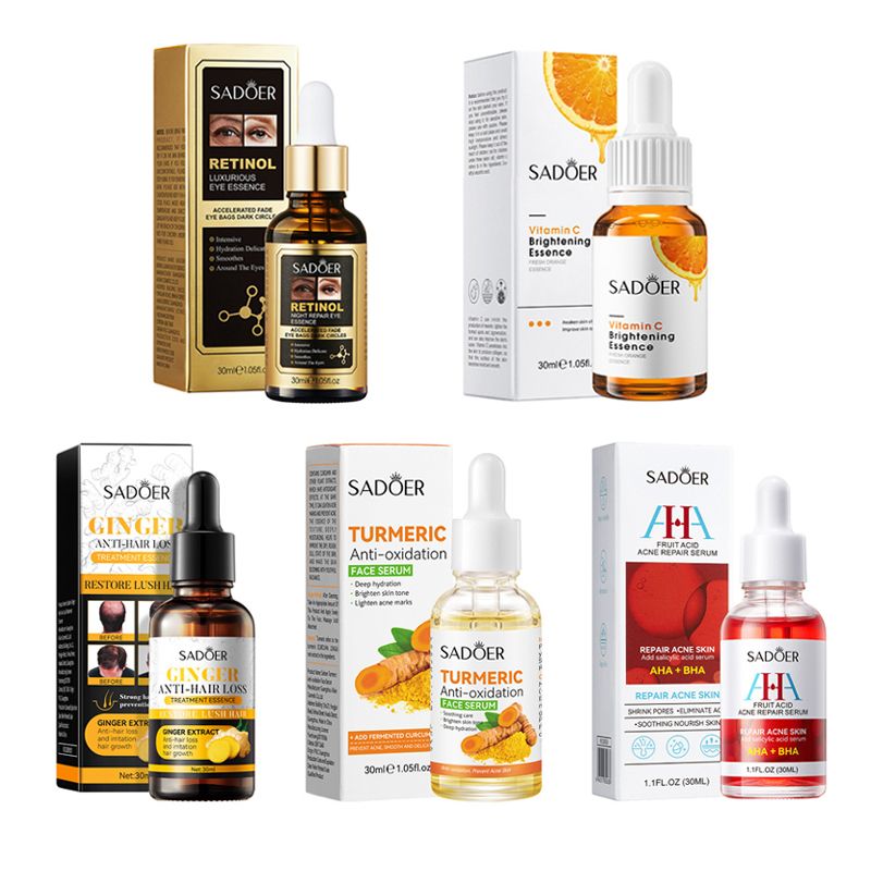 SADOER 5 in 1 Face Serums Combo, Vitamin C Face Brightening Serum +  Tumeric Face Serum + Retinol Eye Essence + Acne Repair Serum + Anti-Hairloss Treatment Essence, Fade Dark Spots, An 5 Serums Combo