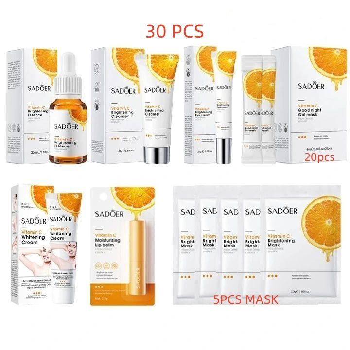 30PCS Vitamin C Facial Cleanser100g +Vitamin C  Serum 30ML +  Lotion120ML + Eye Cream 20g+Lip balm+25PCS Masks  Skin Care Set