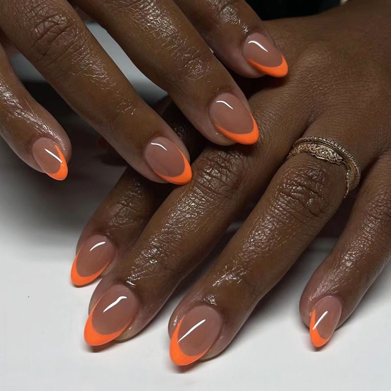 French orange false nails wearable removable nail art pieces European and American nail pieces short almond nail patches