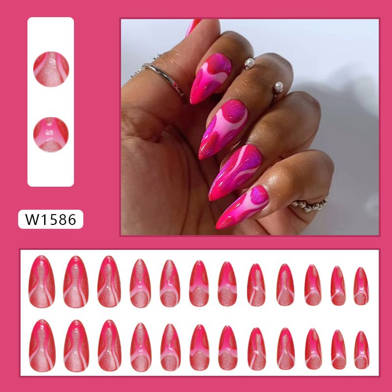 24PCS/SET Make up Nail Art patches almond nail nail pieces deformed lines wearable nails removable rose red nail art patches As Picture