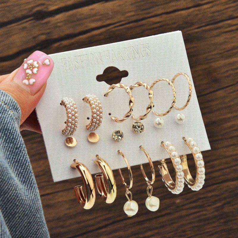 6 pairs/SETS popular Women Jewelry pearl ladies earrings creative French retro gold earrings set
