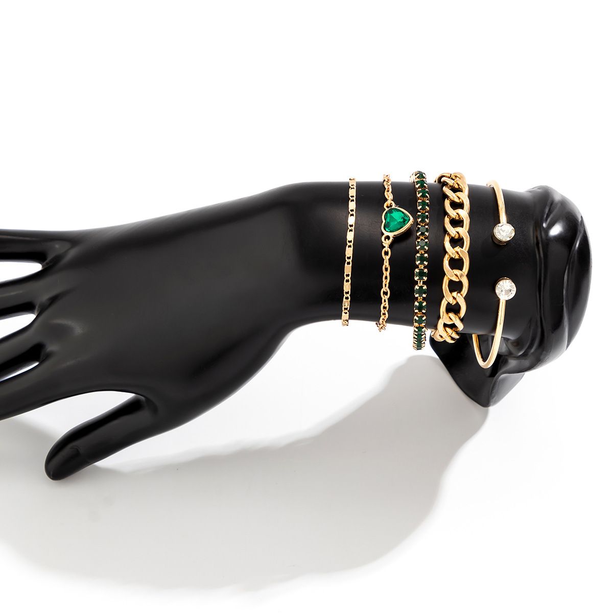 5PCS/SET green heart rhinestone bracelet jewelry simple metal chain bracelet set for women