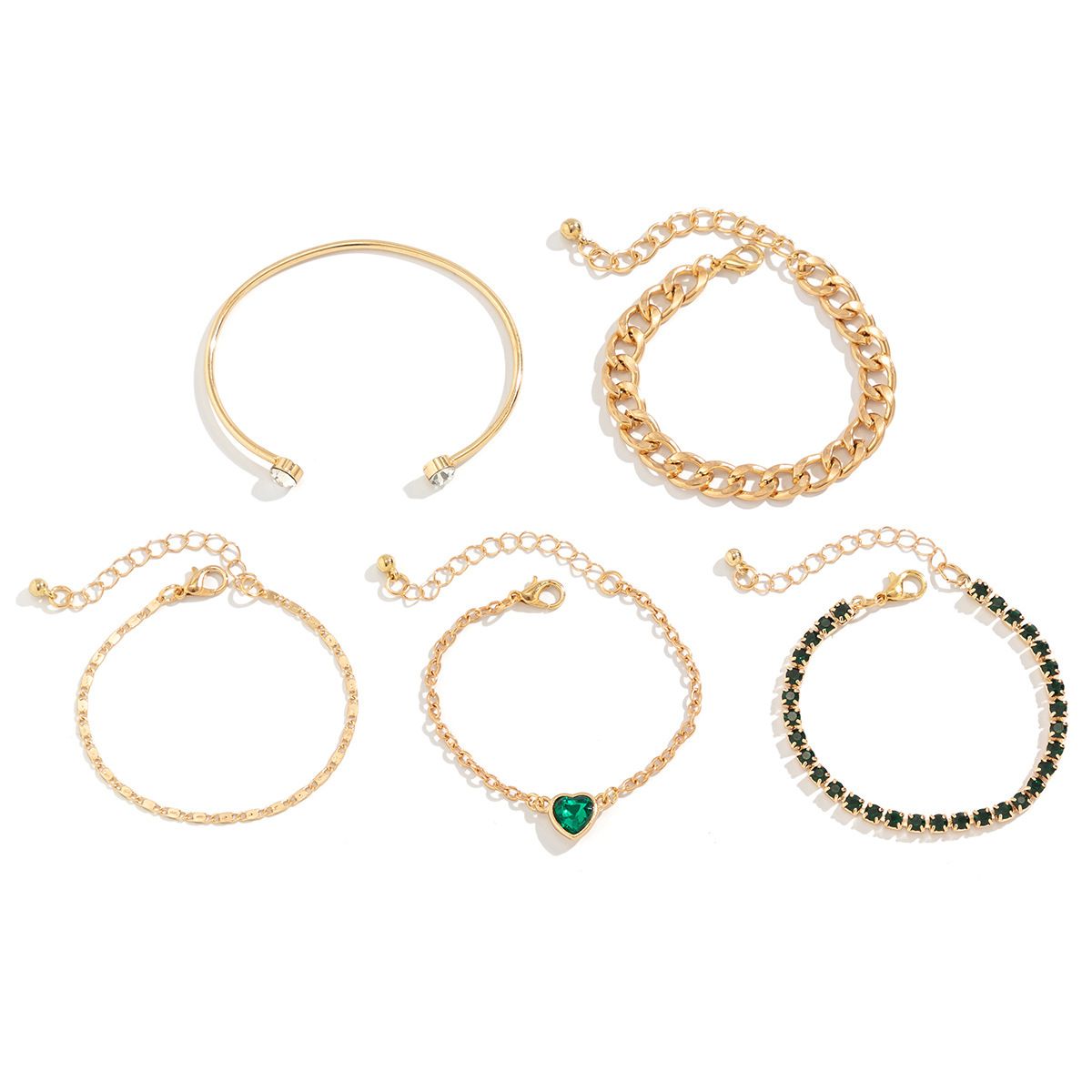 5PCS/SET green heart rhinestone bracelet jewelry simple metal chain bracelet set for women