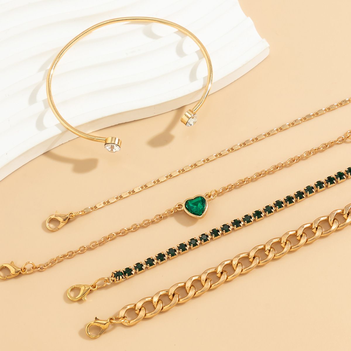 5PCS/SET green heart rhinestone bracelet jewelry simple metal chain bracelet set for women