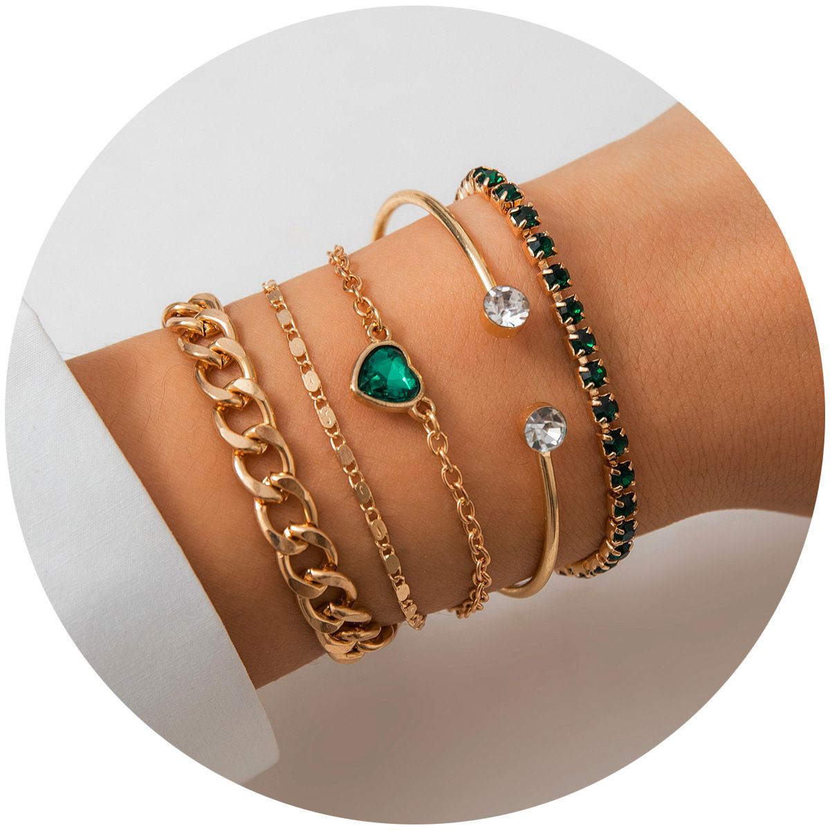 5PCS/SET green heart rhinestone bracelet jewelry simple metal chain bracelet set for women