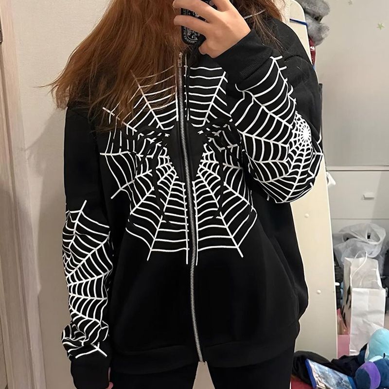 Y2k Skeleton Hoodies Women Gothic Black Zip Up Oversized Sweatshirts Female Retro Harajuku Hooded Jackets Streetwear