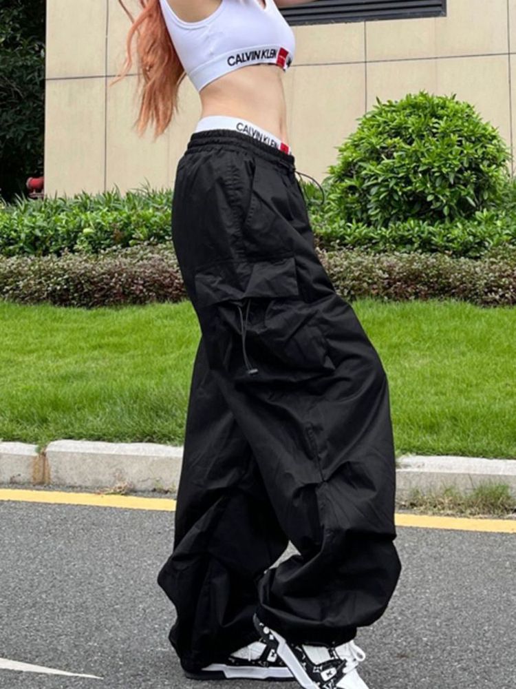 Y2K Parachute Black Pants Women Cargo Trousers Hippie Streetwear Oversize Pockets Straight-leg Leggings Harajuku Wide Leg Baggy Sweatpants