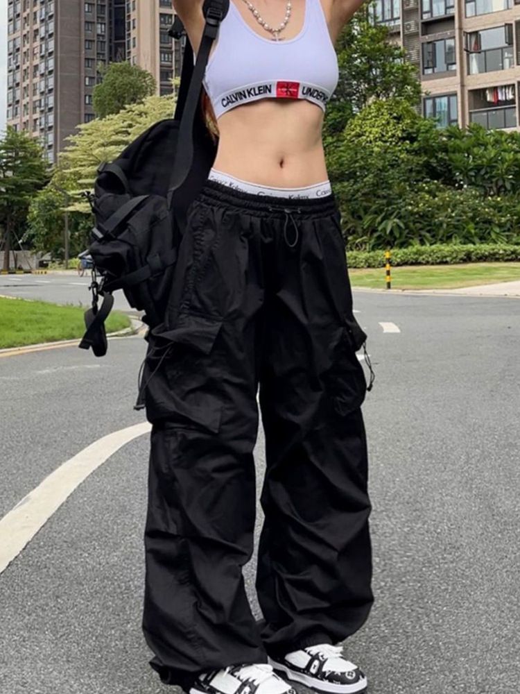 Y2K Parachute Black Pants Women Cargo Trousers Hippie Streetwear Oversize Pockets Straight-leg Leggings Harajuku Wide Leg Baggy Sweatpants