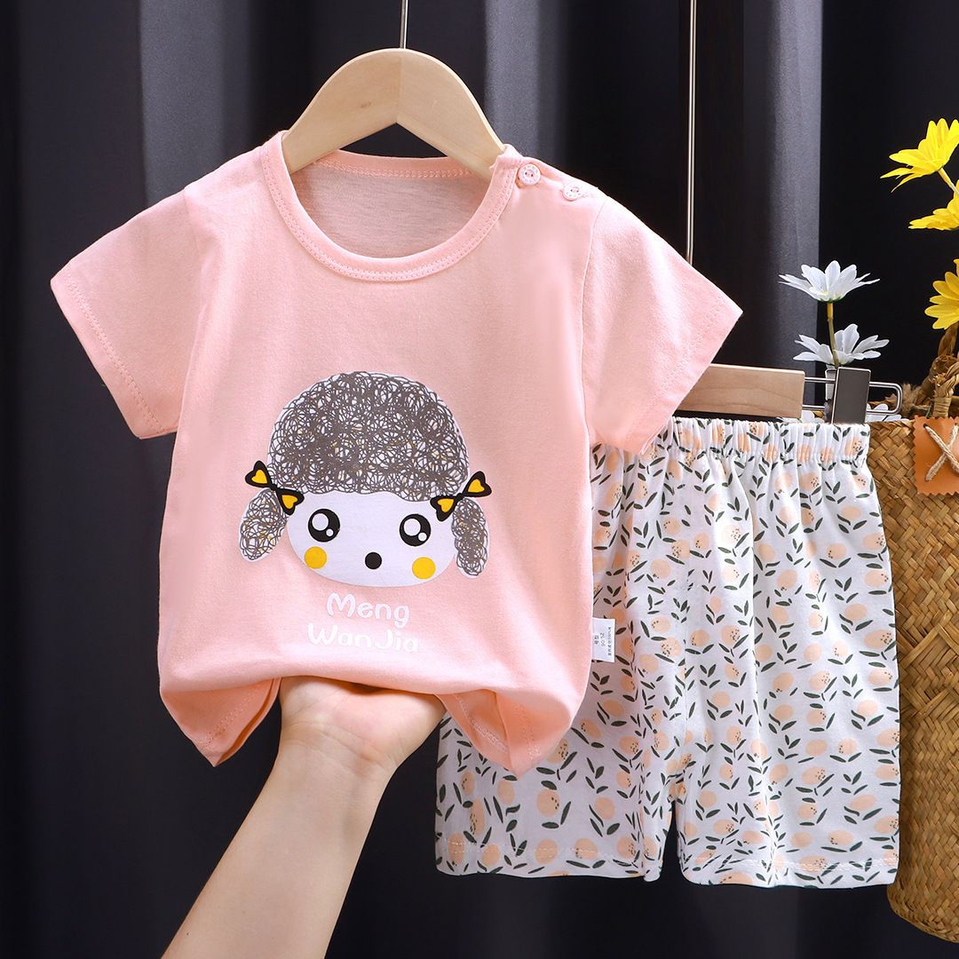 2-6 Years Baby Short Sleeved Suit Summer Clothing Cotton Cartoon Toddler Costume Outfits Curly-haired Girl T-shirt Shorts 2piece Set Children's Clothes Set
