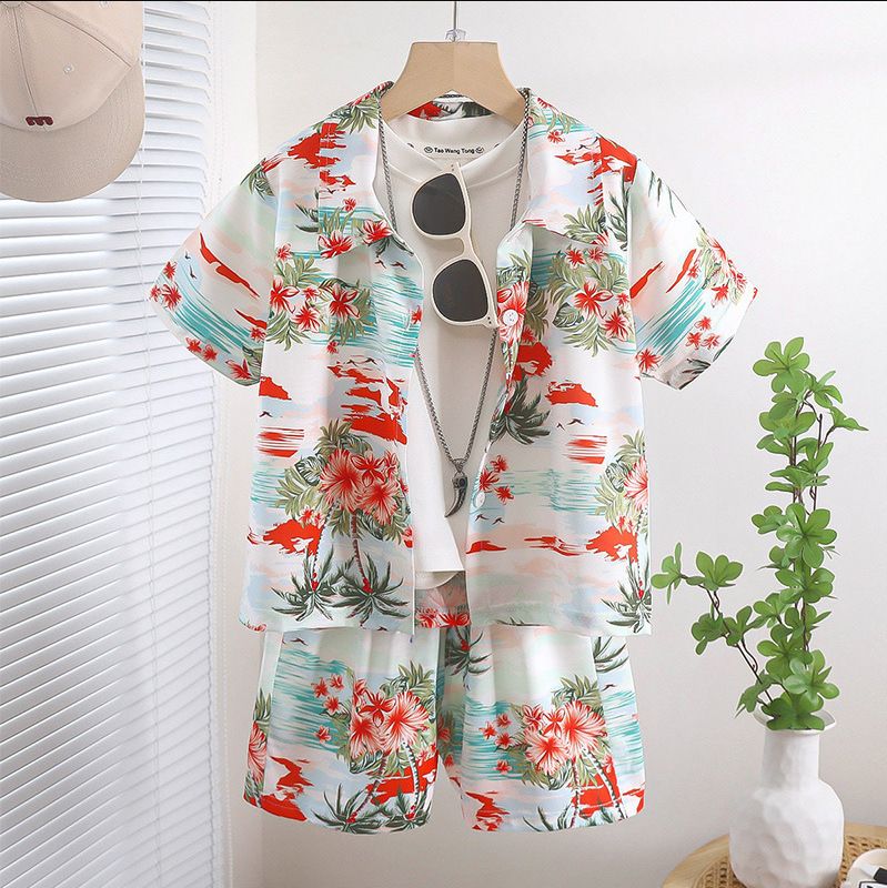 2 Pcs 4 9 Years Kids Shirt Sets Holiday Style 3d Print Vintage floral Pattern Lapel Hawaiian Suits Short Sleeve Thin Casual Shirt Beach Shorts Summer Streetwear
