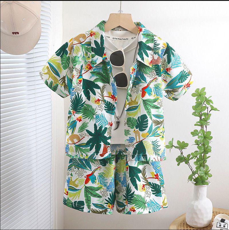 2 Pcs 4 9 Years Kids Shirt Sets Holiday Style 3d Print Vintage floral Pattern Lapel Hawaiian Suits Short Sleeve Thin Casual Shirt Beach Shorts Summer Streetwear