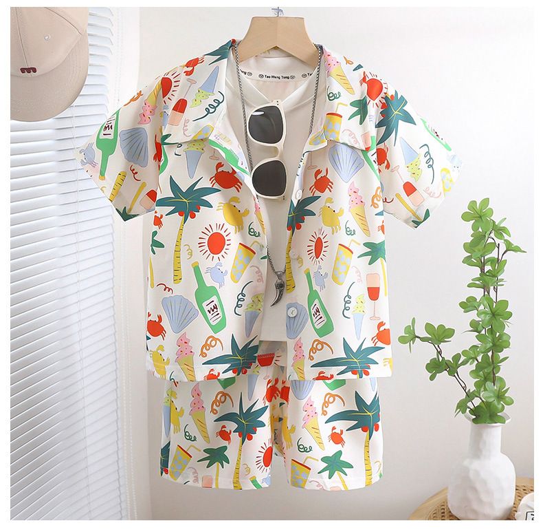 2 Pcs 4 9 Years Kids Shirt Sets Holiday Style 3d Print Vintage floral Pattern Lapel Hawaiian Suits Short Sleeve Thin Casual Shirt Beach Shorts Summer Streetwear