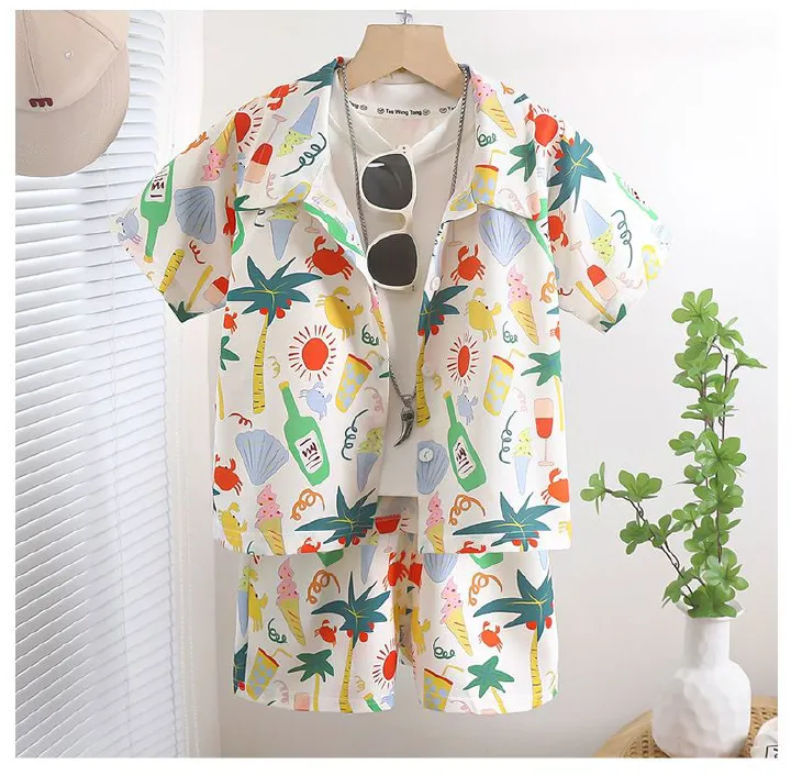 2 Pcs 4 9 Years Kids Shirt Sets Holiday Style 3d Print Vintage floral Pattern Lapel Hawaiian Suits Short Sleeve Thin Casual Shirt Beach Shorts Summer Streetwear