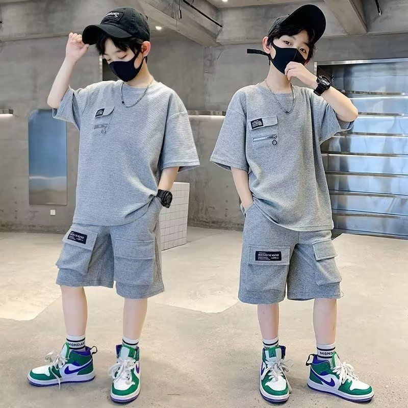 New Boys Sport Clothing Sets Short Sleeve T-Shirt Summer Big Kids Loose Clothes Suit Tops+Shorts 2Pcs Children Fashion New Waffle Handsome Outfits