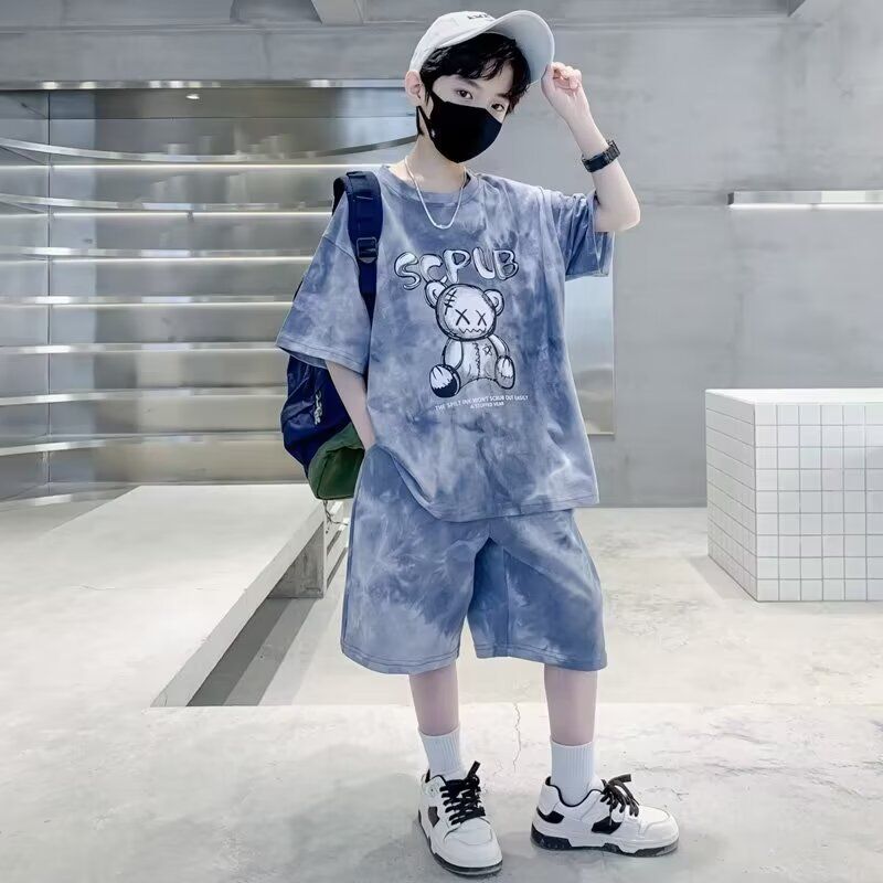 Stylish Summer Teenage 5 10 Years Old Boy Cartoon Bear Tie Dye Tshirts Clothes Set Children Girls and Shorts 2pcs Suit Trendy Short Sleeves Street Style  Kid Top Bottom Outfits Tracksuit
