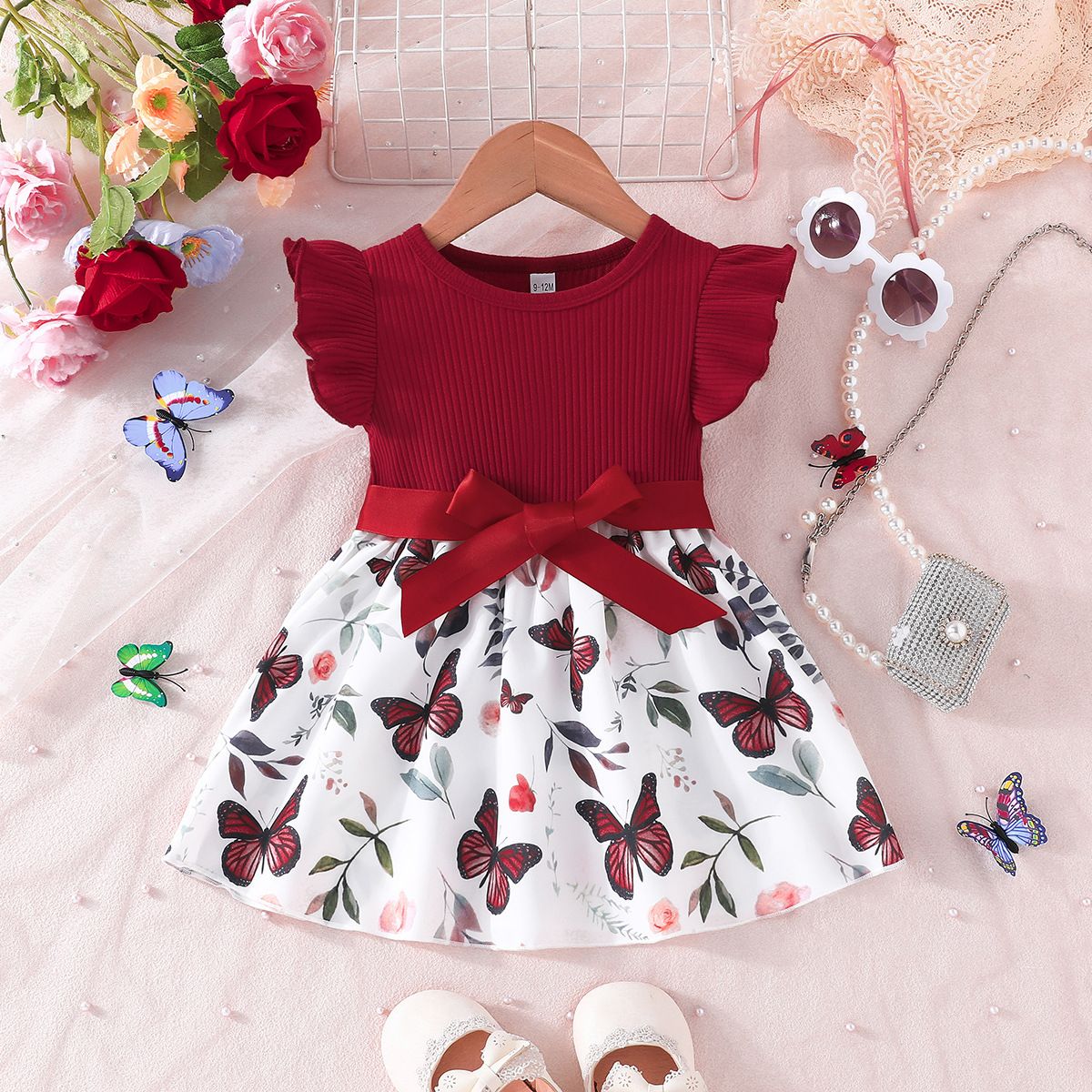 Kids 6 Month 3 Years Ruffled Sleeve Butterfly Floral Tulle Cute Princess Formal Dresses with Belt For Baby Girl Newborn Baby Girl
