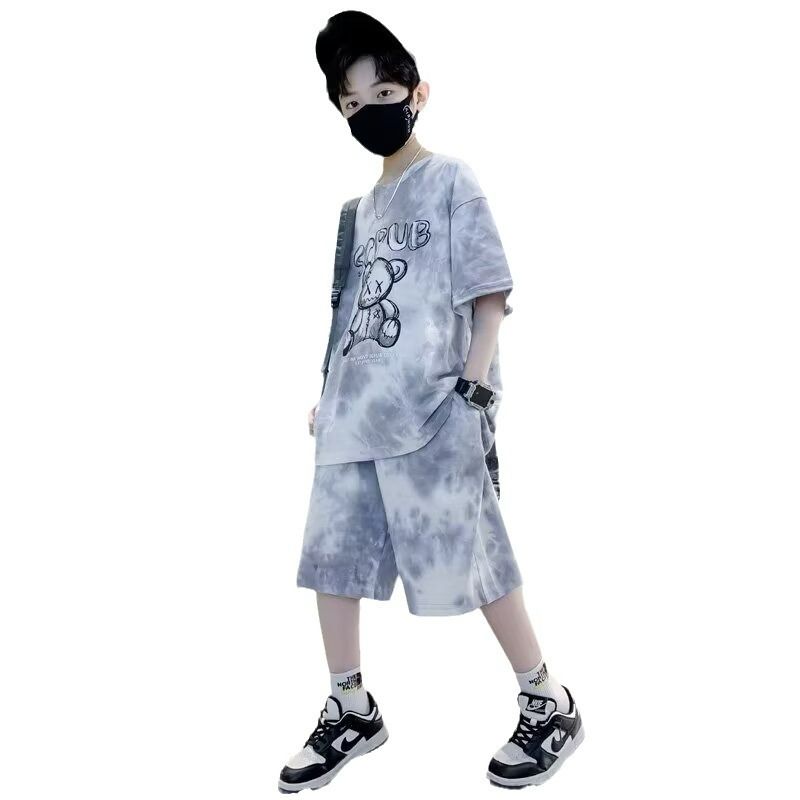 Stylish Summer Teenage 5 10 Years Old Boy Cartoon Bear Tie Dye Tshirts Clothes Set Children Girls and Shorts 2pcs Suit Trendy Short Sleeves Street Style  Kid Top Bottom Outfits Tracksuit