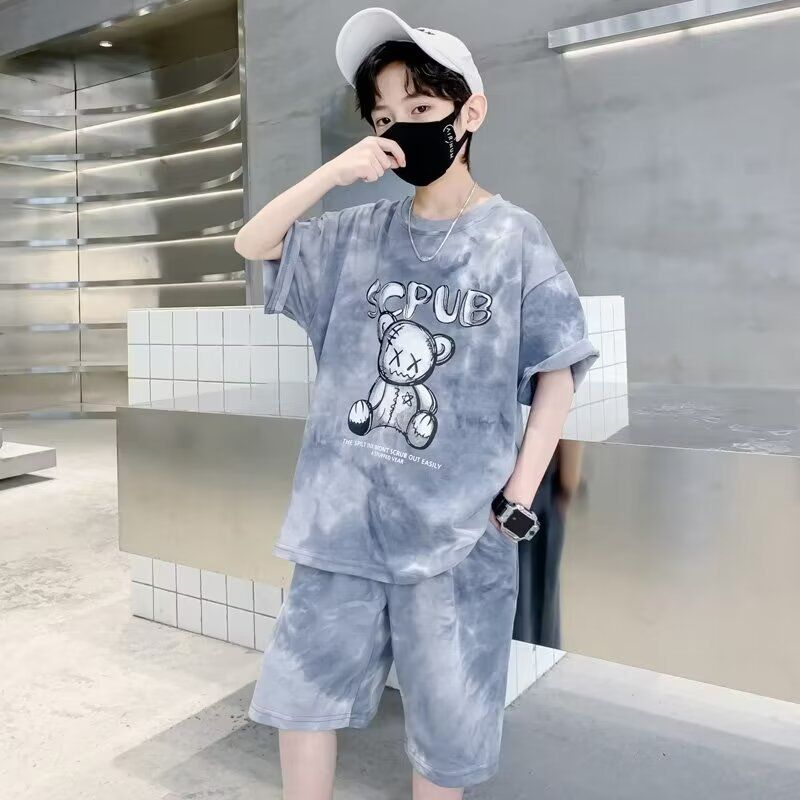 Stylish Summer Teenage 5 10 Years Old Boy Cartoon Bear Tie Dye Tshirts Clothes Set Children Girls and Shorts 2pcs Suit Trendy Short Sleeves Street Style  Kid Top Bottom Outfits Tracksuit
