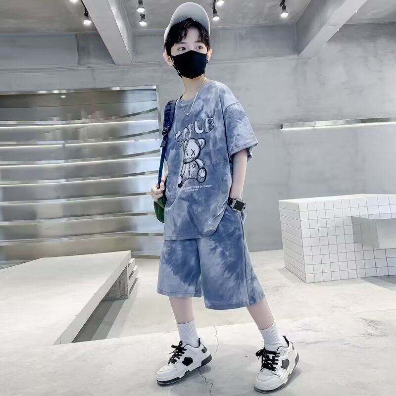 Stylish Summer Teenage 5 10 Years Old Boy Cartoon Bear Tie Dye Tshirts Clothes Set Children Girls and Shorts 2pcs Suit Trendy Short Sleeves Street Style  Kid Top Bottom Outfits Tracksuit
