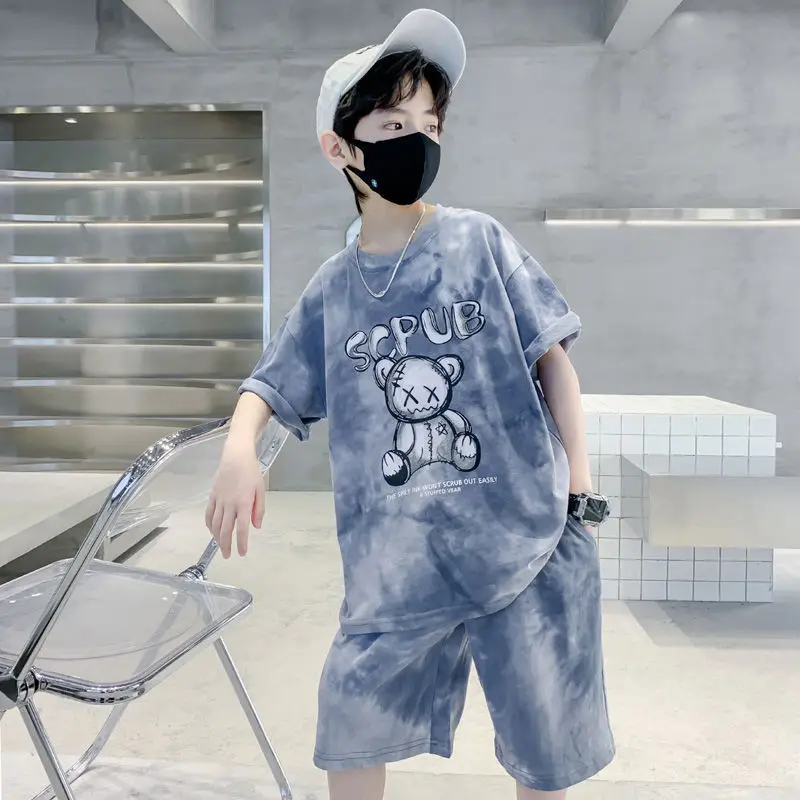 Stylish Summer Teenage 5 10 Years Old Boy Cartoon Bear Tie Dye Tshirts Clothes Set Children Girls and Shorts 2pcs Suit Trendy Short Sleeves Street Style  Kid Top Bottom Outfits Tracksuit