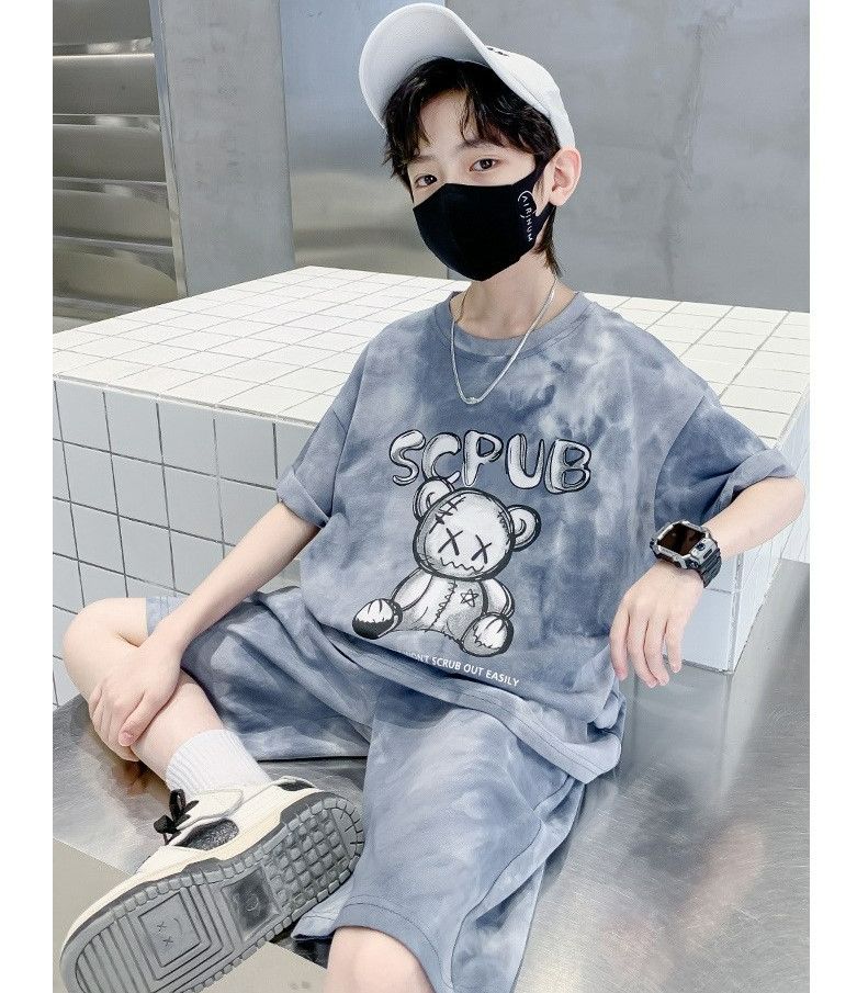 Stylish Summer Teenage 5 10 Years Old Boy Cartoon Bear Tie Dye Tshirts Clothes Set Children Girls and Shorts 2pcs Suit Trendy Short Sleeves Street Style  Kid Top Bottom Outfits Tracksuit