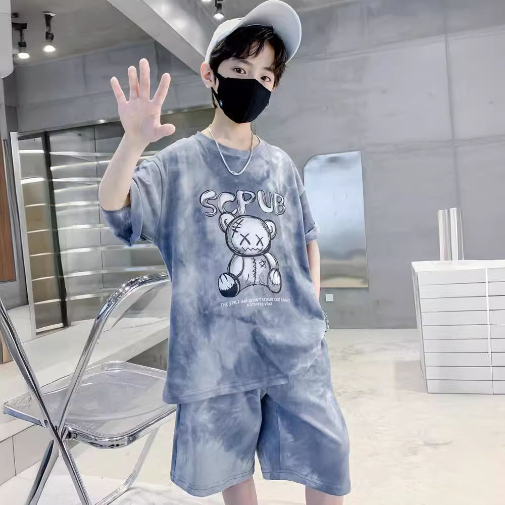 Stylish Summer Teenage 5 10 Years Old Boy Cartoon Bear Tie Dye Tshirts Clothes Set Children Girls and Shorts 2pcs Suit Trendy Short Sleeves Street Style  Kid Top Bottom Outfits Tracksuit