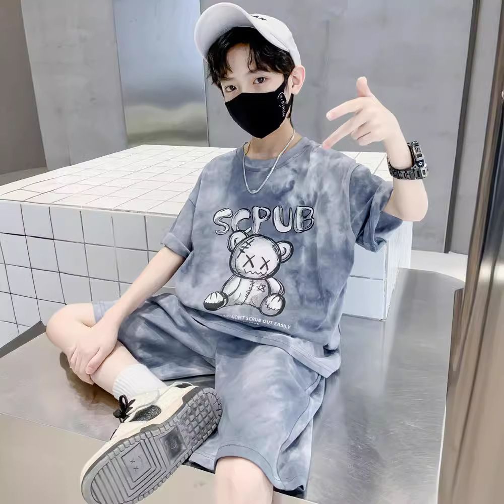 Stylish Summer Teenage 5 10 Years Old Boy Cartoon Bear Tie Dye Tshirts Clothes Set Children Girls and Shorts 2pcs Suit Trendy Short Sleeves Street Style  Kid Top Bottom Outfits Tracksuit