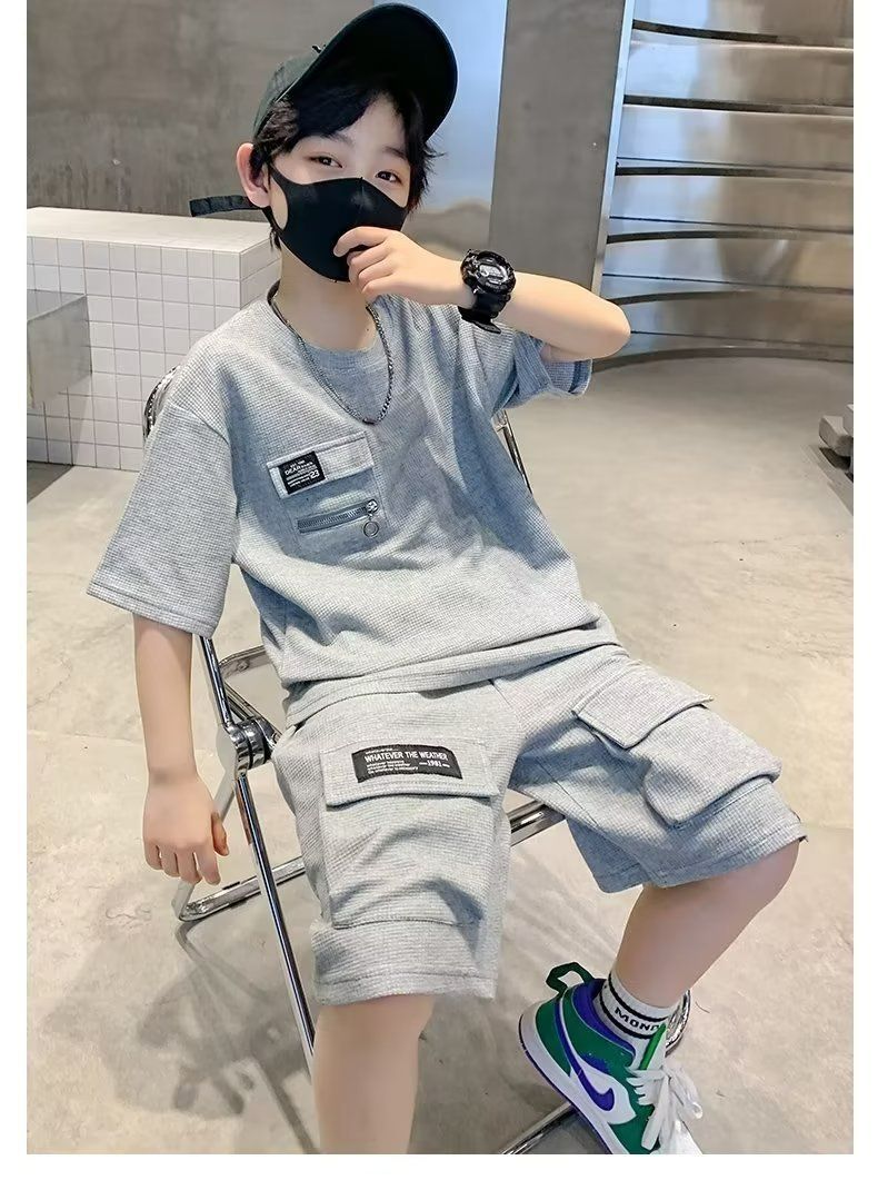 New Boys Sport Clothing Sets Short Sleeve T-Shirt Summer Big Kids Loose Clothes Suit Tops+Shorts 2Pcs Children Fashion New Waffle Handsome Outfits