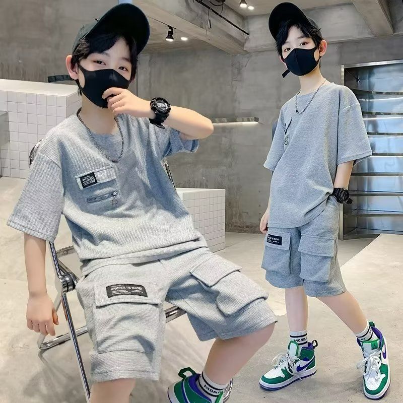 New Boys Sport Clothing Sets Short Sleeve T-Shirt Summer Big Kids Loose Clothes Suit Tops+Shorts 2Pcs Children Fashion New Waffle Handsome Outfits