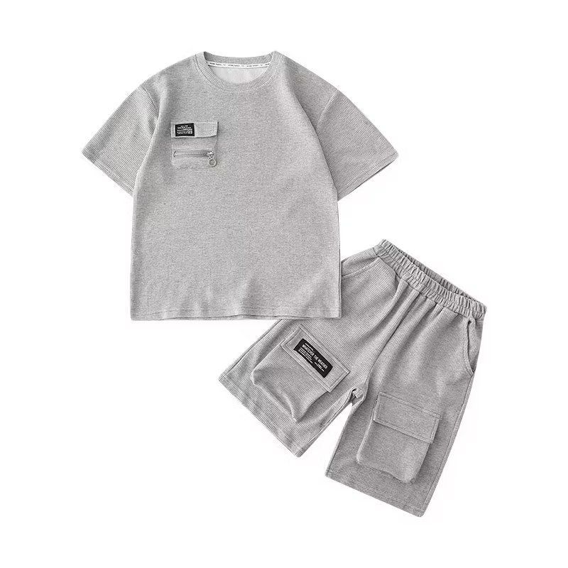 New Boys Sport Clothing Sets Short Sleeve T-Shirt Summer Big Kids Loose Clothes Suit Tops+Shorts 2Pcs Children Fashion New Waffle Handsome Outfits