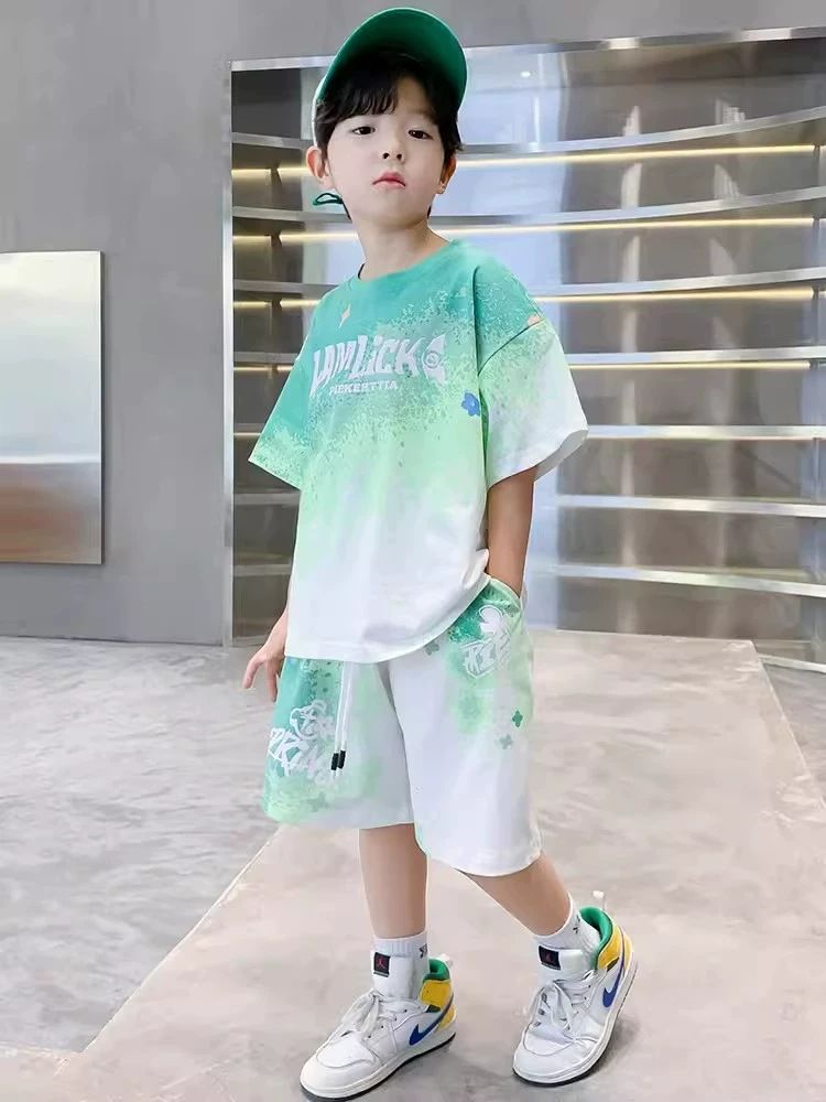 Boy Summer Set Big 5 15 Years Children Casual Football Basketball jerseys Top+Shorts 2Pcs Outfits  Teenager Fashion Short-sleeved Quick Drying Clothes Kids Sports Print Suit