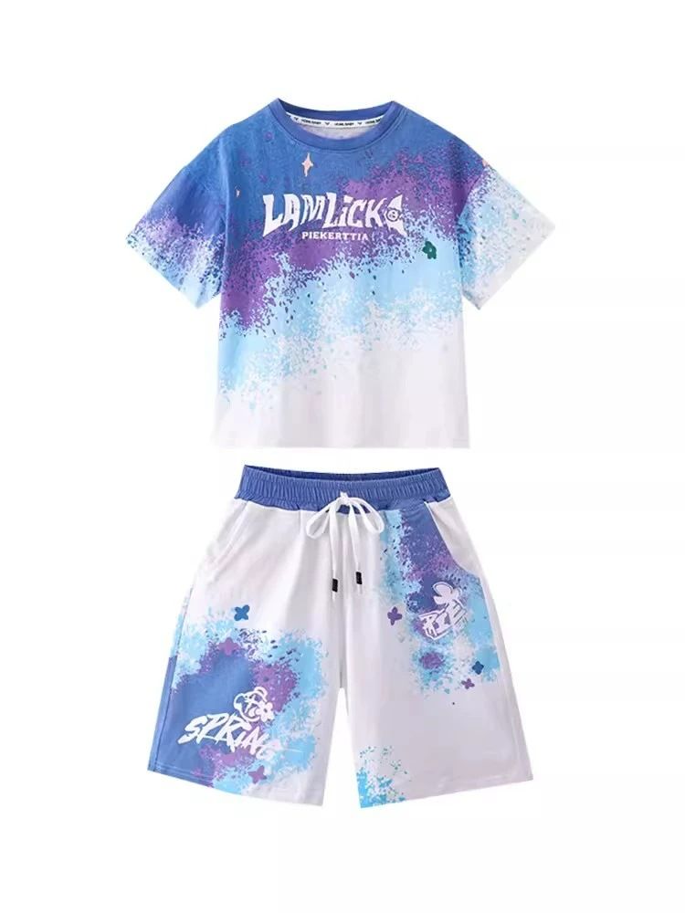 Boy Summer Set Big 5 15 Years Children Casual Football Basketball jerseys Top+Shorts 2Pcs Outfits  Teenager Fashion Short-sleeved Quick Drying Clothes Kids Sports Print Suit
