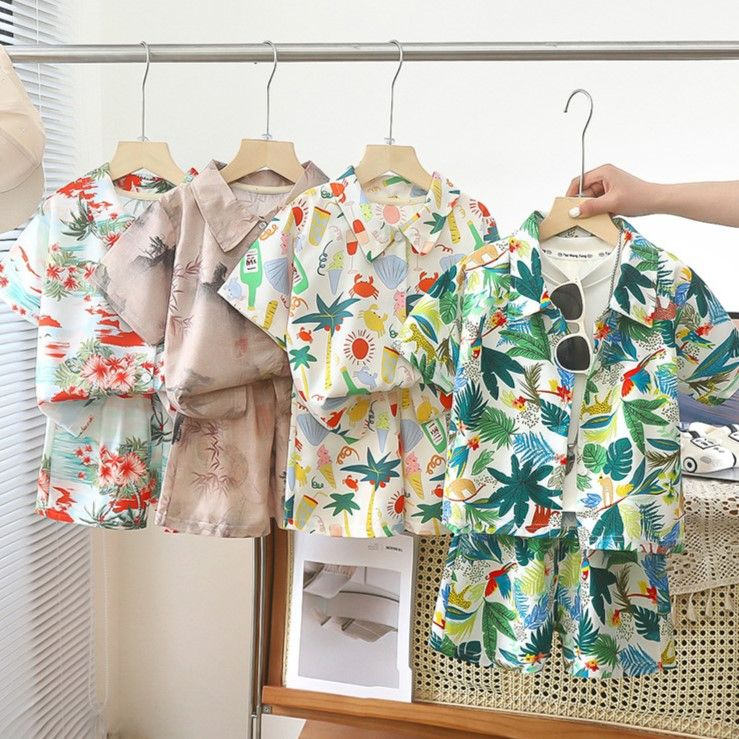 2 Pcs 4 9 Years Kids Shirt Sets Holiday Style 3d Print Vintage floral Pattern Lapel Hawaiian Suits Short Sleeve Thin Casual Shirt Beach Shorts Summer Streetwear