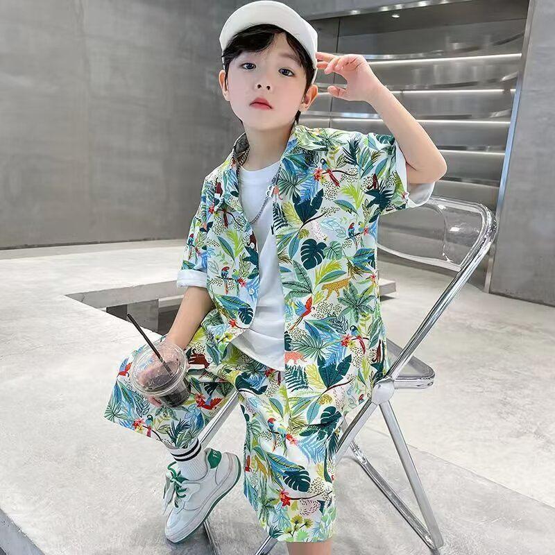 2 Pcs 4 9 Years Kids Shirt Sets Holiday Style 3d Print Vintage floral Pattern Lapel Hawaiian Suits Short Sleeve Thin Casual Shirt Beach Shorts Summer Streetwear