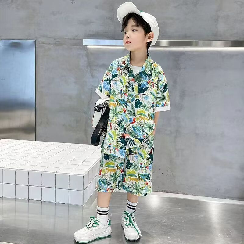 2 Pcs 4 9 Years Kids Shirt Sets Holiday Style 3d Print Vintage floral Pattern Lapel Hawaiian Suits Short Sleeve Thin Casual Shirt Beach Shorts Summer Streetwear