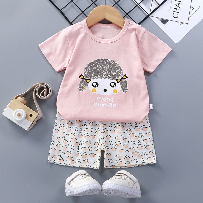 2-6 Years Baby Short Sleeved Suit Summer Clothing Cotton Cartoon Toddler Costume Outfits Curly-haired Girl T-shirt Shorts 2piece Set Children's Clothes Set