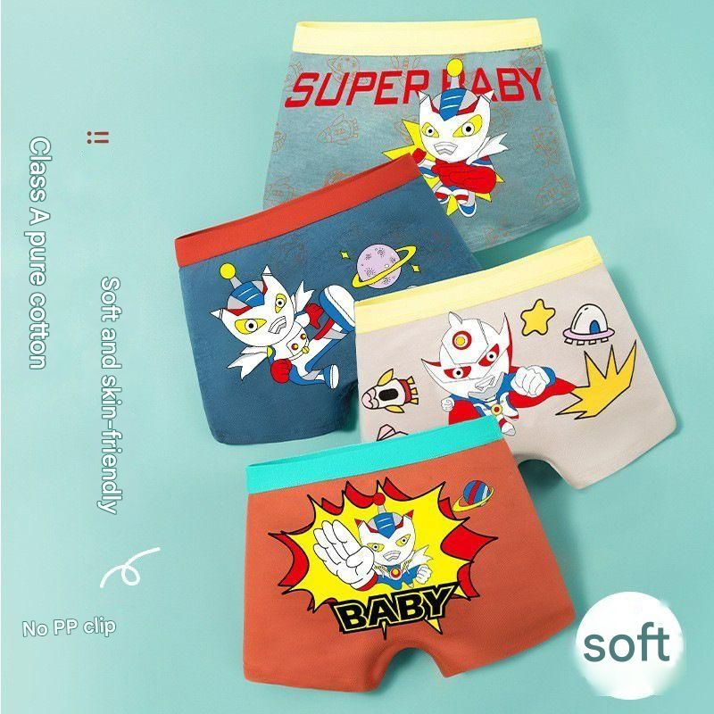 4pcs Children's Underwear Boy Toddler Panties Pure Cotton Boxer Brief Shorts Superman Cartoon Breathable Soft Comfortable Underpants For 3-12T