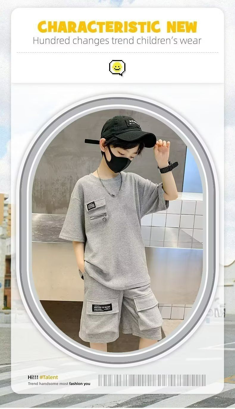 New Boys Sport Clothing Sets Short Sleeve T-Shirt Summer Big Kids Loose Clothes Suit Tops+Shorts 2Pcs Children Fashion New Waffle Handsome Outfits