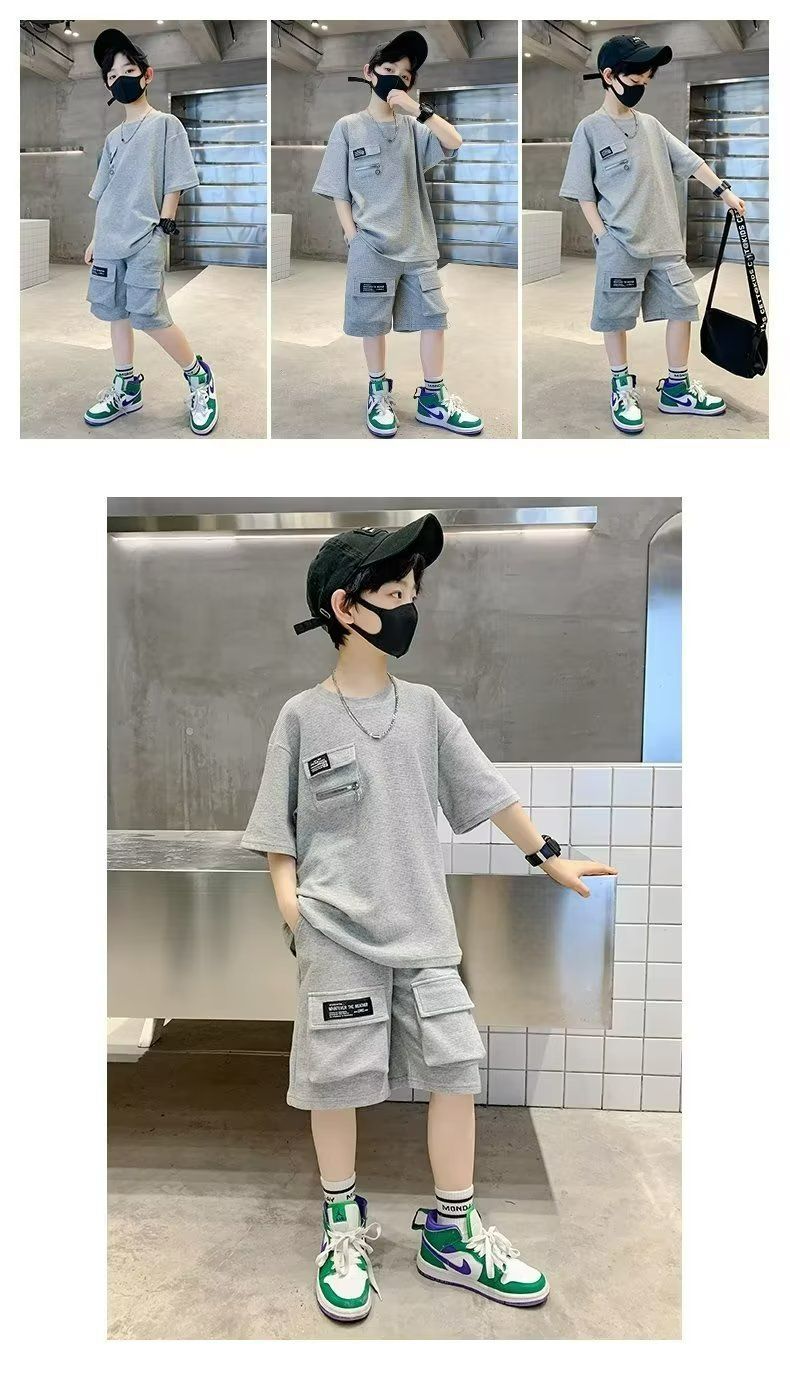 New Boys Sport Clothing Sets Short Sleeve T-Shirt Summer Big Kids Loose Clothes Suit Tops+Shorts 2Pcs Children Fashion New Waffle Handsome Outfits